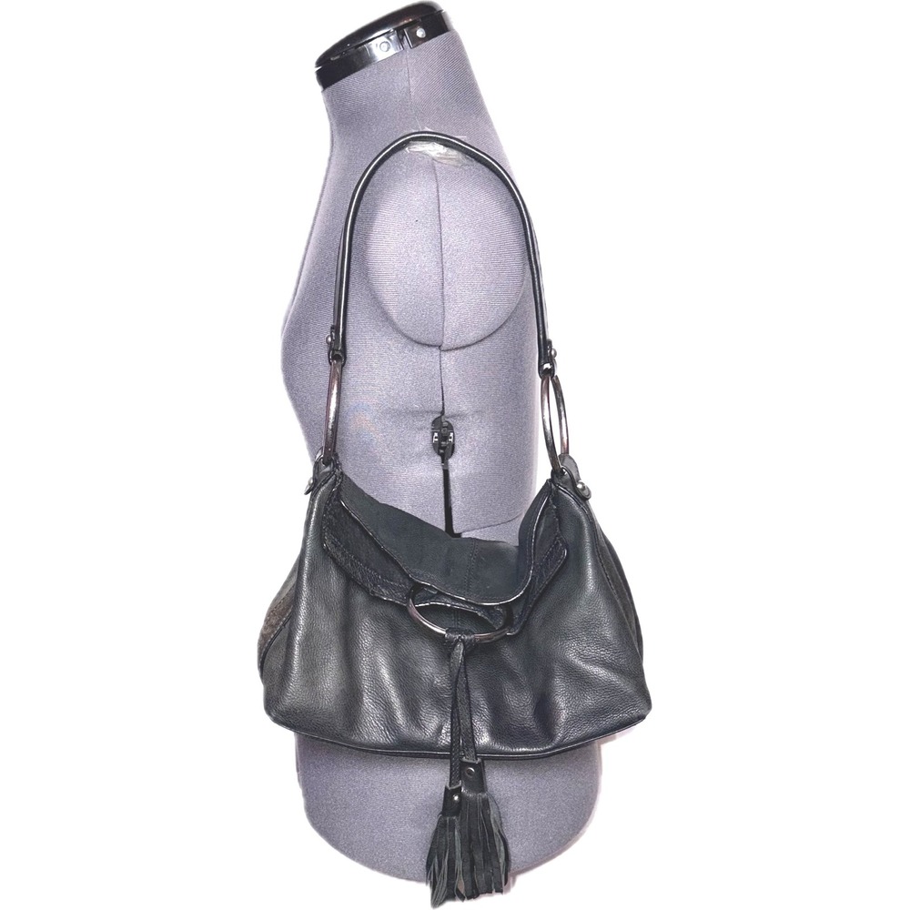 Y2K Hobo Bag Grunge Black Leather Alfani Purse Tassel O-Ring